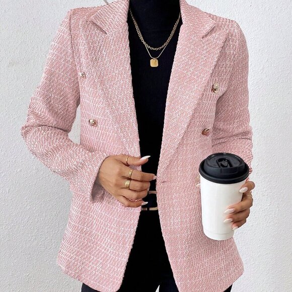 Baby Pink Elegant Women's Plain Color Double Breasted Long Sleeve Suit Jacket - Picture 1 of 6